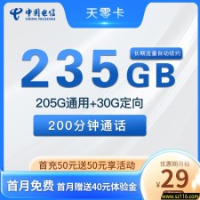 集团电信 天零卡 29元235G+200分钟