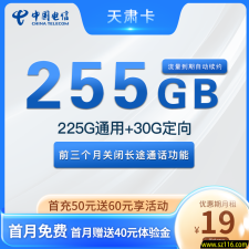 电信天肃卡 19元225G通用+30G定向 流量自动续约