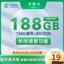 河南移动-天和卡 19元158G通用+30G定向