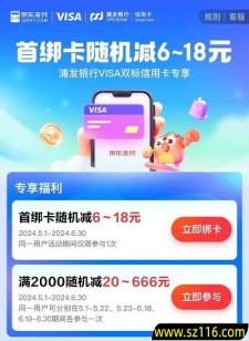 【浦发VISA双标信用卡】京东满2000随机减20~666元