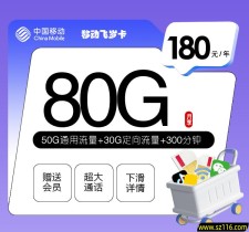 移动飞岁卡【180元/年每月80G+300分钟+三个会员】