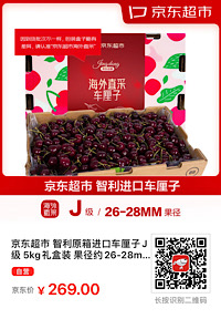 京东超市 智利原箱进口车厘子J级 5kg礼盒装 果径约26-28mm  年货水果礼盒