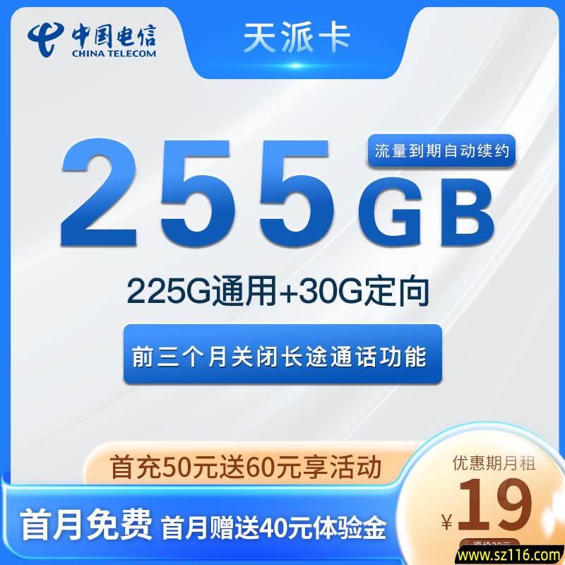 集团电信 天派卡 19元255G流量 流量自动续约