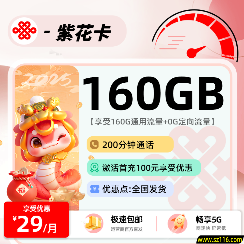 联通紫花卡  29元160G通用流量+200分钟通话